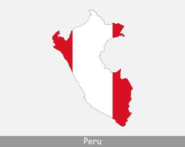 Peru Bayrak Haritası. Peru Cumhuriyeti haritası beyaz arka planda izole edilmiş ulusal Peru bayrağı. Vektör İllüstrasyonu.