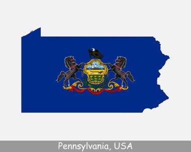 Pennsylvania Harita Bayrağı. A.B.D. 'de beyaz arka planda eyalet bayrağı bulunan PA haritası. Amerika, Amerika, Amerika, Amerika Birleşik Devletleri, ABD. Vektör illüstrasyonu.