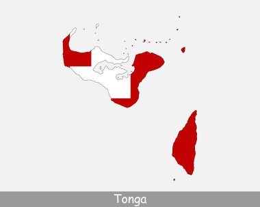 Tonga Bayrak Haritası. Tonga Krallığı 'nın haritası beyaz arka planda izole edilmiş ulusal Tonga bayrağı. Vektör İllüstrasyonu.