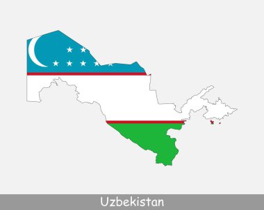 Özbekistan Bayrak Haritası. Özbekistan Cumhuriyeti haritası ve Özbek ulusal bayrağı beyaz arka planda izole edildi. Vektör İllüstrasyonu.