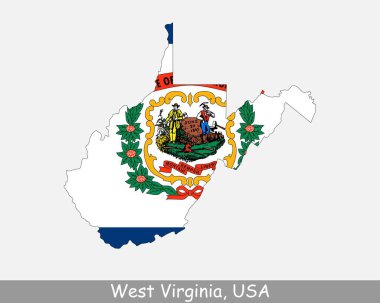 Batı Virginia Harita Bayrağı. ABD 'nin WV haritası. Beyaz arka planda eyalet bayrağı var. Amerika, Amerika, Amerika, Amerika Birleşik Devletleri, ABD. Vektör illüstrasyonu.