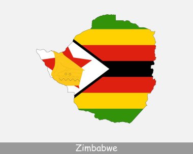Zimbabwe Bayrak Haritası. Zimbabve Cumhuriyeti haritası. Beyaz arka planda Zimbabve ulusal bayrağı var. Vektör İllüstrasyonu.