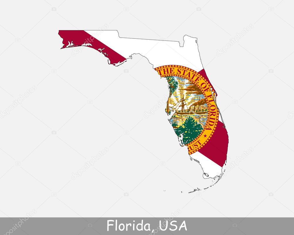 Florida Map Flag. Map of FL, USA with the state flag isolated on white background. United States, America, American, United States of America, US State. Vector illustration.