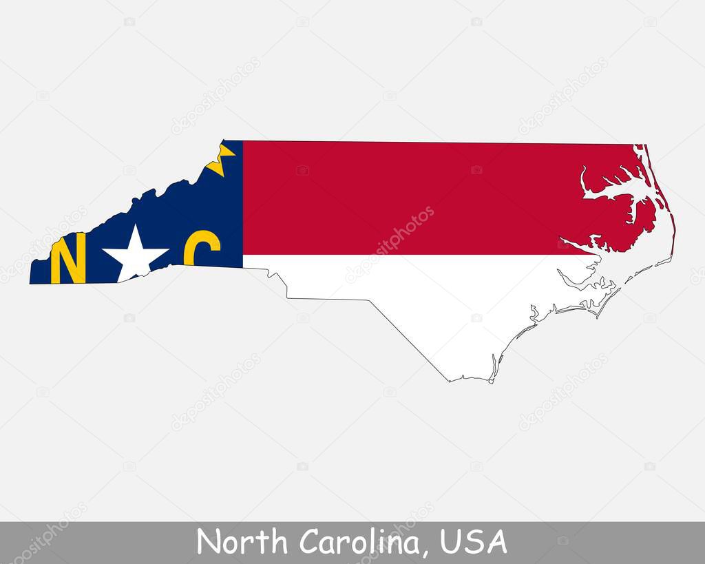 North Carolina Map Flag. Map of NC, USA with the state flag isolated on white background. United States, America, American, United States of America, US State. Vector illustration.