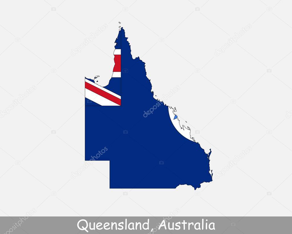Queensland Map Flag. Map of Qld, Australia with the state flag isolated on a white background. Australian State. Vector illustration.