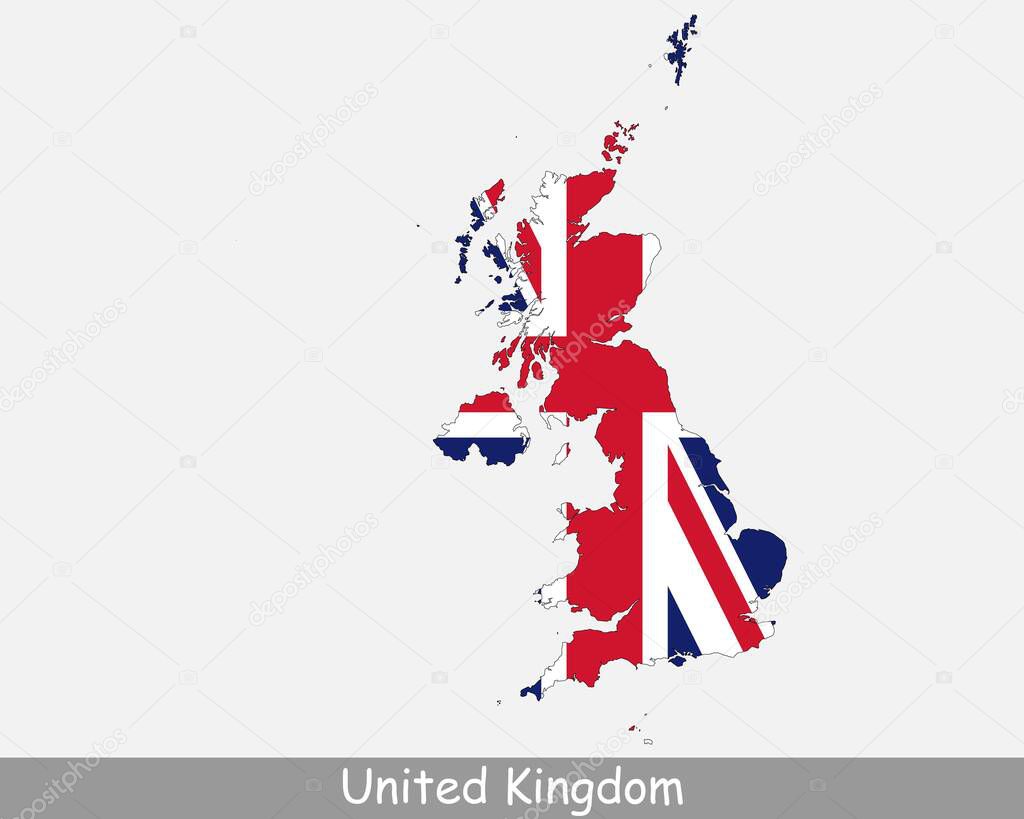 United Kingdom Flag Map. Map of the United Kingdom of Great Britain and Northern Ireland with the British national Union Jack flag isolated on a white background. Vector Illustration.