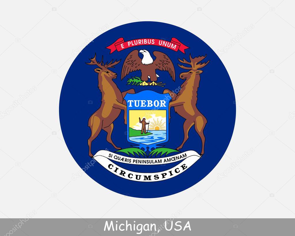 Michigan Round Circle Flag. MI USA State Circular Button Banner Icon. Michigan United States of America State Flag. The Great Lakes State EPS Vector