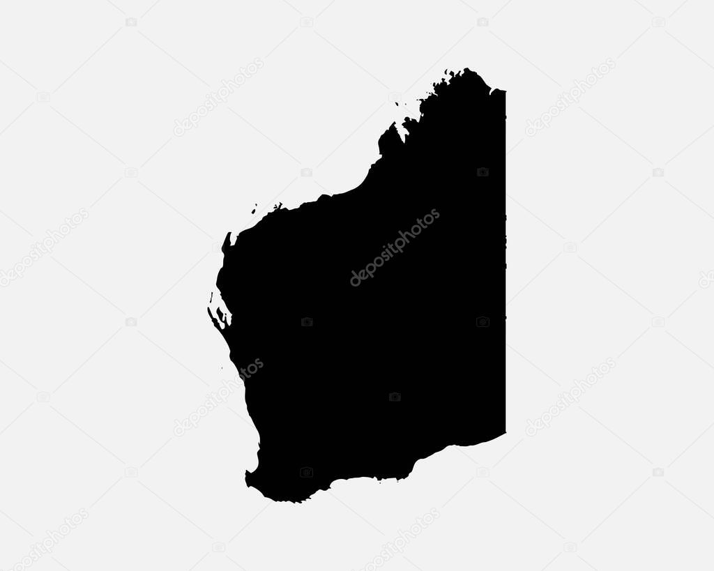 Western Australia Map Black Silhouette. WA, Australian State Shape Geography Atlas Border Boundary. Black Map Isolated on a White Background. EPS Vector Graphic Clipart Icon