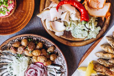 Ukrayna mutfağının çeşitli lezzetli yemeklerinin bulunduğu masa örtüsüyle kaplanmış büyük ve cömert bir şekilde lezzetli yemek masasıyla kaplı.