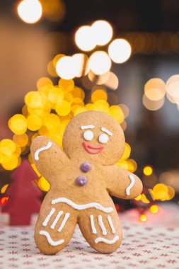 Noel ve Yeni Yıl konsepti: Tatil çelengi arka planında el yapımı zencefilli kurabiye, metin için yer