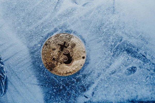 Золотий Символ Біткоїн Заморожений Покритий Льодом Концепція Криптовалютної Кризи Падіння — стокове фото