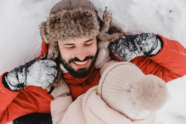 Young Stylish Bearded Father Baby Daughter Winter Vacation Father Giving — Stock Photo, Image