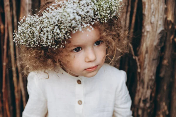 Красива Маленька Дівчинка Кучерявим Волоссям Позує Фото Ходьби Серед Квітів — стокове фото