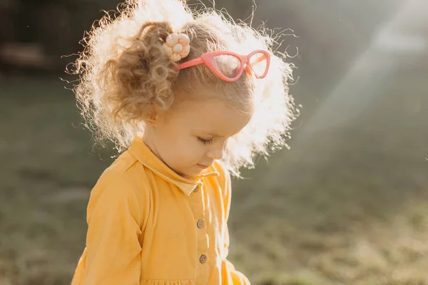 Foto Uma Menina Elegante Com Cabelo Encaracolado Vestido Com Vestido — Fotografia de Stock