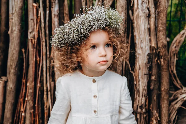 Linda Menina Anos Com Cabelo Encaracolado Uma Grinalda Cabeça Posa — Fotografia de Stock