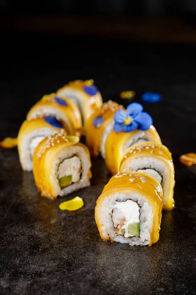 Background for Japanese cuisine menu with rolls, ginger and wasabi