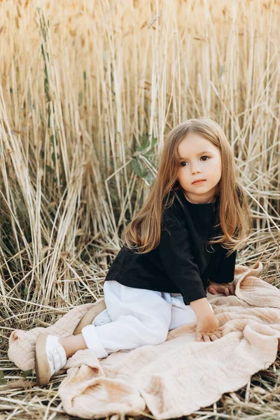 Uma Menina Vestido Elegante Andando Campo Trigo Maduro Nos Raios — Fotografia de Stock