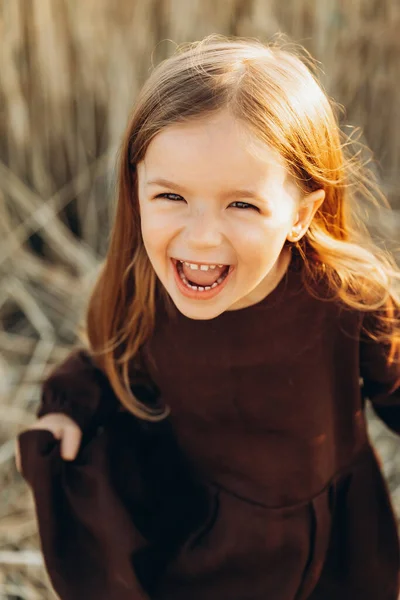 Bonita Menina Anos Caminha Posa Para Uma Foto Campo Trigo — Fotografia de Stock