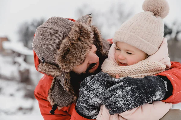 Young Stylish Bearded Father Baby Daughter Winter Vacation Father Giving — Stock Photo, Image