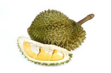 Kesme yolu olan beyaz arkaplanda meyve kralı olarak bilinen bir meyve olan Durian 'ın dikenli bir teni vardır ve olgunlaştığında, içi güçlü bir kokuyla sarıdır. Doku, türe göre değişecektir..