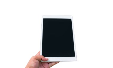 Kırpma yolu ile beyaz arkaplan üzerinde bir el tutma tableti.