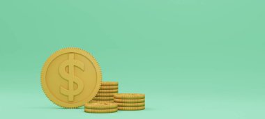 Turuncu arkaplanda üç boyutlu para yığını.