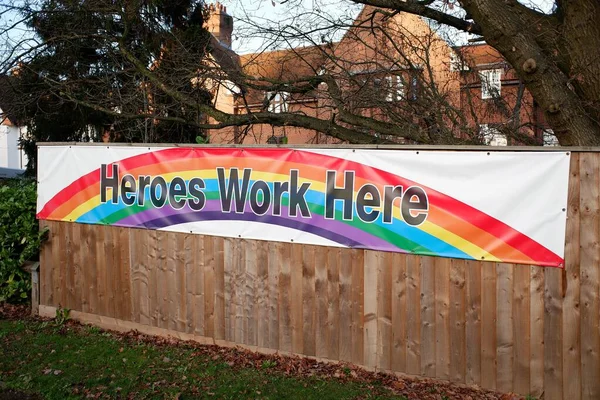 Sign outside residential care home for the elderly saying Heroes Work Here during the Coronavirus (Covid-19) pandemic