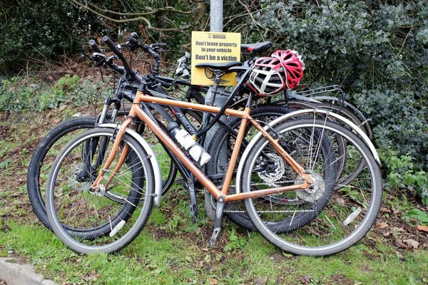 Four Bikes Locked Left Lamp Post — Stock Photo, Image