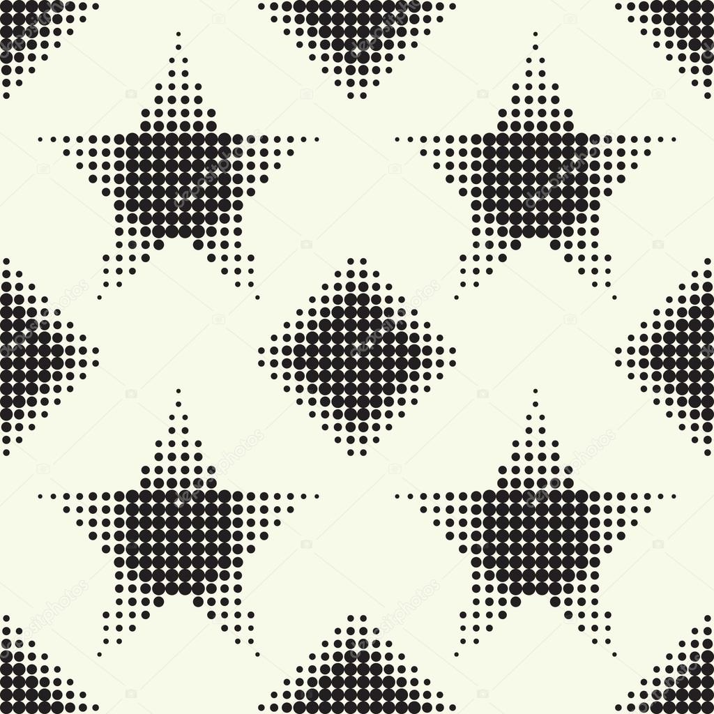 Seamless pattern with stars and diamonds. Vector halftone dots.