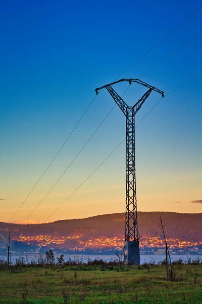 Power Lines Sea Village Sunrise — Stock Photo, Image