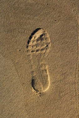 Güneşli bir günde ıslak kumda ayak izi.