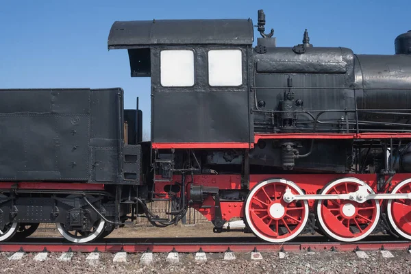 Eisenräder Mächtiger Dampflokomotiven Rote Eisenräder Von Dampflokomotiven Stahlräder Einer Dampflokomotive — Stockfoto