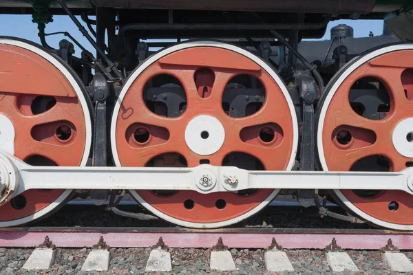 Rodas Ferro Locomotivas Vapor Poderosas Rodas Ferro Vermelho Locomotivas Vapor — Fotografia de Stock