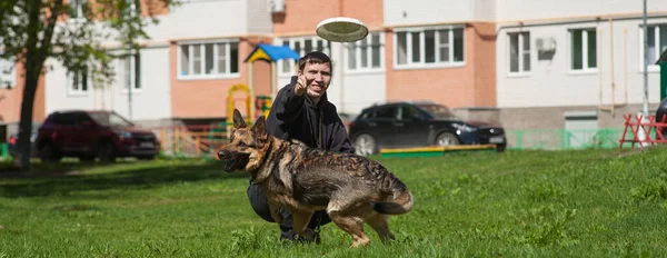 Ein Hund Spielt Mit Einem Jungen Mann Ein Schäferhund Posiert — Stockfoto