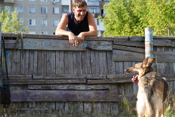 Köpek eğitimi. Eğitimde olan bir Alman çoban köpeği. Köpek, uzun şehir evlerinin arka planına doğru eğilir..