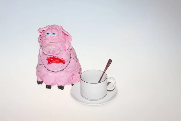 Rosa Schweine Und Kaffee Pinkfarbenes Schwein Aus Papier Auf Hellem — Stockfoto