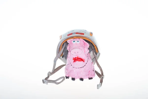 Porco Capacete Leitão Com Capacete Sobre Fundo Branco Porco Rosa — Fotografia de Stock