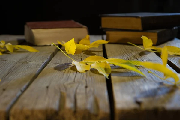 Yellow Leaves Wooden Table Background Old Thick Books — Stock Photo, Image