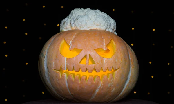 Pumpkin Black Background White Brains Sticking Out White Cauliflower Pumpkin — Stock Photo, Image