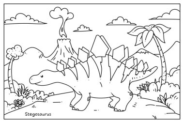 Çocuklar için boyama ve aktivite sayfası. Siyah ve beyaz, eğlenceli, komik, sevimli dinozor stegosaurus çizimi.