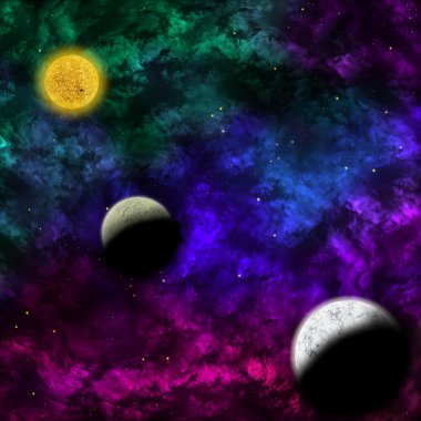 Uzay Senaryo: bulutsu ve gezegenlerin önünde yıldız