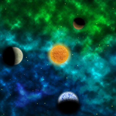 Nebula ve gezegenlerin önünde yıldız