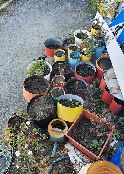 A lot of pots with earth. Brown flower pots with earth, stand next to each other