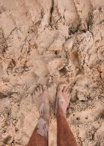 Feet Man Standing Clay Top View Dirty Feet Royalty Free Stock Photos