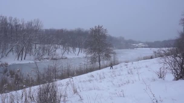 Winter landschap van de rivier en het bos, vallende sneeuw op de heuvels, rivier, bomen en struiken, een man in een camouflage jas en zwarte broek wandelingen met een hond langs de rivier. — Stockvideo