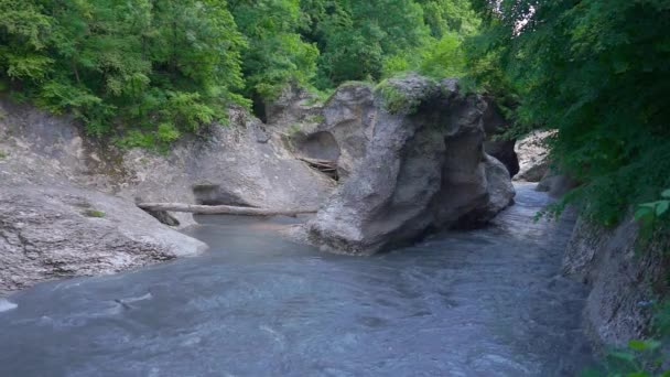 Khadzhokh峡谷。ベラヤ川渓谷の終わりの眺め。石の柱は、川を2つのチャネルに分けるのを見ることができます。少し曇ってる。雲の後ろに太陽が消えた. — ストック動画