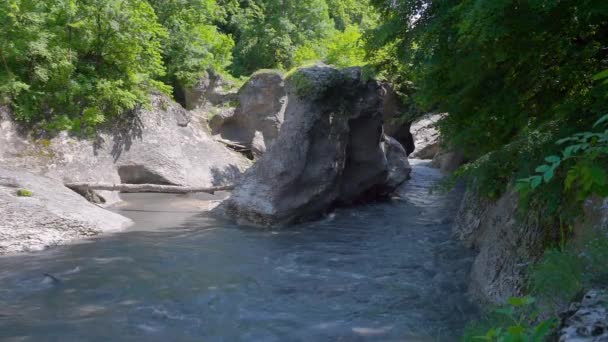 Wąwóz Khadzhokh. Widok na koniec wąwozu rzeki Belaya. Kamienne słupy można zobaczyć dzieląc rzekę na dwa kanały. Jest słonecznie. Cienie spadły na wodę.. — Wideo stockowe