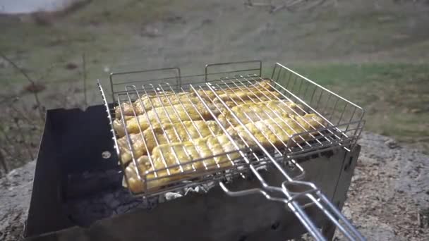 绞刑架上的肉在烤架上煎.三月初春在河边野餐.浓烟弥漫在嫩烤肉的香味中 — 图库视频影像