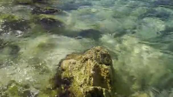 Fotografering. Lek med solglasögon och skuggor på stenar längst ner på stranden. Utsikt över vackra stenar. De tvättas med havsvatten. Den lyses upp av morgonsolen. — Stockvideo
