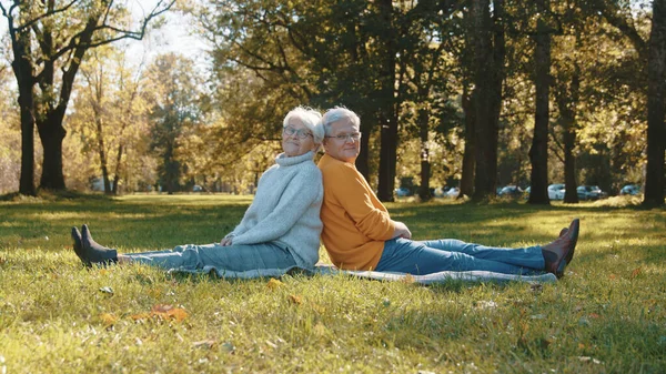 Yaşlı çift parkta romantik bir sonbahar gününün tadını çıkarıyor sırt sırta oturup kameraya doğru başlarını çeviriyorlar. — Stok fotoğraf